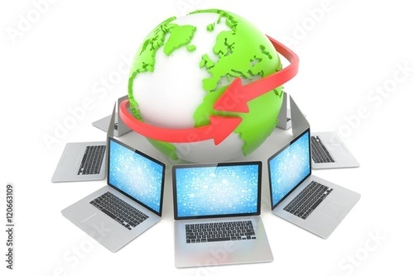 Fototapeta Laptop network around earth globe. 3d render
