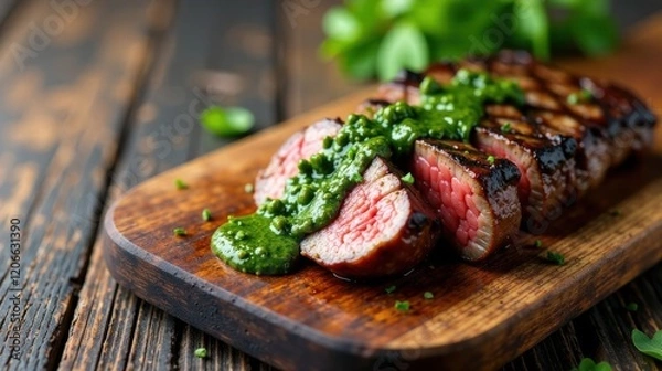 Fototapeta Delicious grilled steak slices topped with vibrant green herb sauce on rustic wooden board