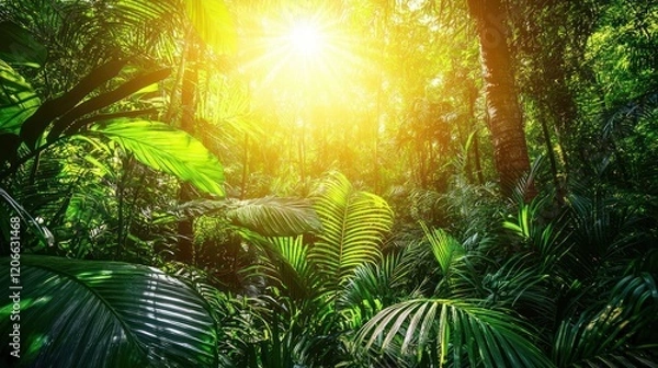 Fototapeta Lush tropical rainforest scene with sunlight streaming through canopy.