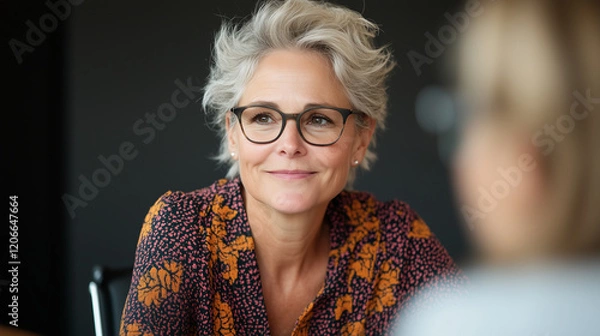 Fototapeta a woman with gray hair wearing patterned blouse looks optimistic at table with another person in meeting situation