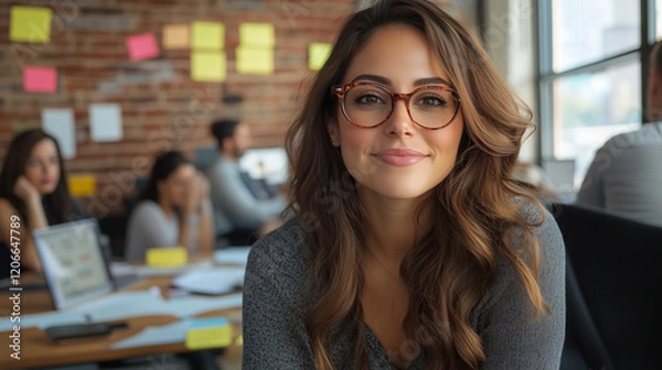Fototapeta woman office worker red glasses brown hair smiles cheerfully at camera with colleagues in background working on computers