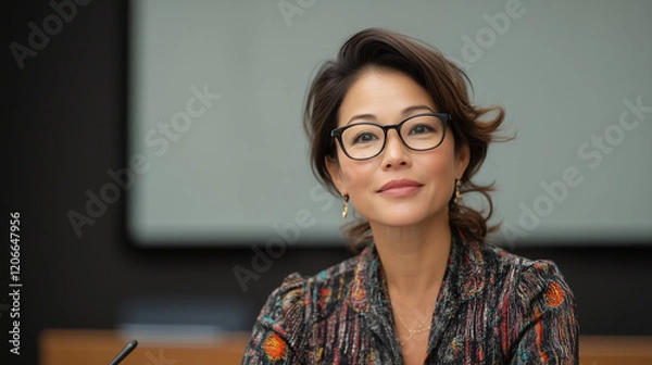 Fototapeta woman with glasses wearing patterned shirt looking content in an office setting and smiling lightly