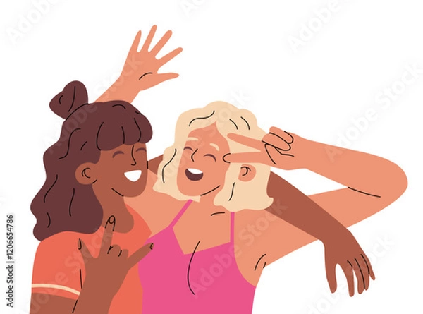 Fototapeta Two girls posing for a photo. Instant photo from a photo machine. Joyful and strong friendship. Happy youth. Fun at a party. Vector illustration.