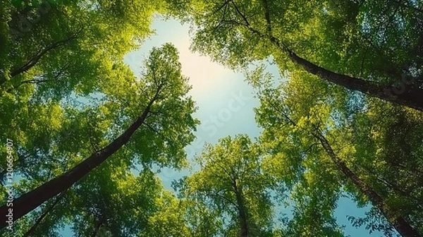 Fototapeta Bottom-up view green forest canopy. Climate change. Natural green biodiversity ecosystem background