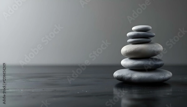Fototapeta zen, stones, asymmetrical, stack, modern, matte, glossy, textures, polished, black, surface, reflections, subtle, gradient, gray, background, 8K, resolution, balance, harmony, calm, minimalist,