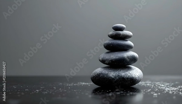 Fototapeta zen, stones, asymmetrical, stack, modern, matte, glossy, textures, polished, black, surface, reflections, subtle, gradient, gray, background, 8K, resolution, balance, harmony, calm, minimalist,