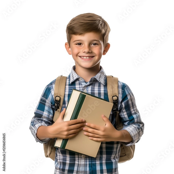 Obraz Ultra HD PNG image of Cute small child wearing bagpack having books in hands smiling to camera on an isolated transparent background