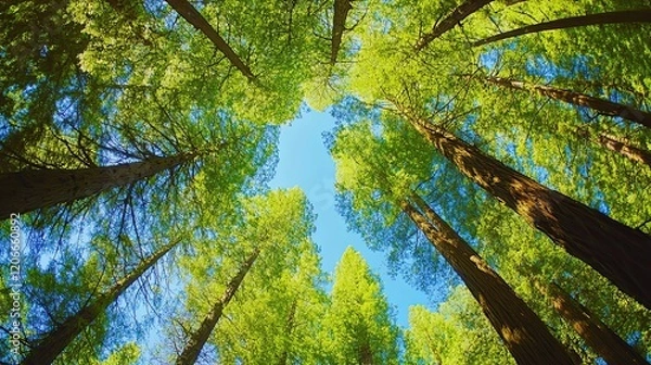 Fototapeta Bottom-up view green forest canopy. Climate change. Natural green biodiversity ecosystem background