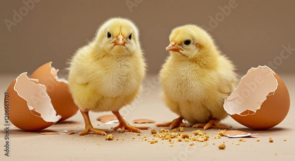 Fototapeta Newly hatched chicks with soft yellow feathers stand amidst broken eggshells and scattered crumbs