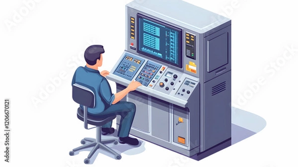 Fototapeta Technician operating industrial control panel;  modern facility background;  process monitoring illustration; website or manual use