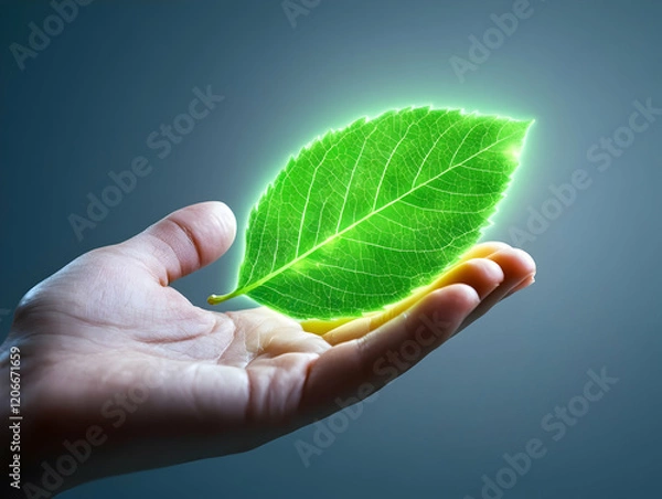 Fototapeta Glowing leaf held in a gentle hand.