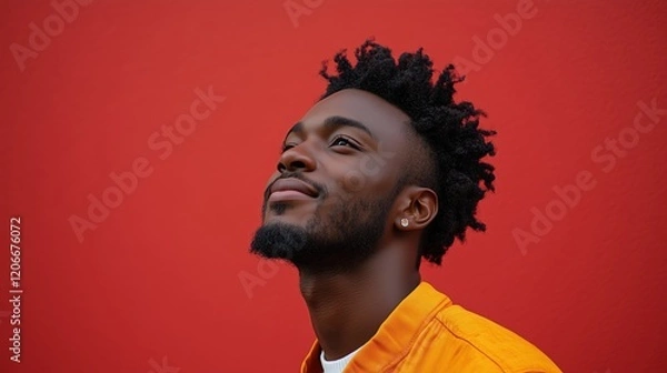 Fototapeta Man looking up with bright orange jacket and red background