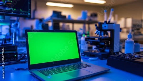 Obraz Green screen laptop in a modern laboratory setting with scientific equipment.