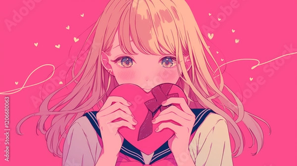 Obraz バレンタインチョコレートを持つ女子高生のイラスト