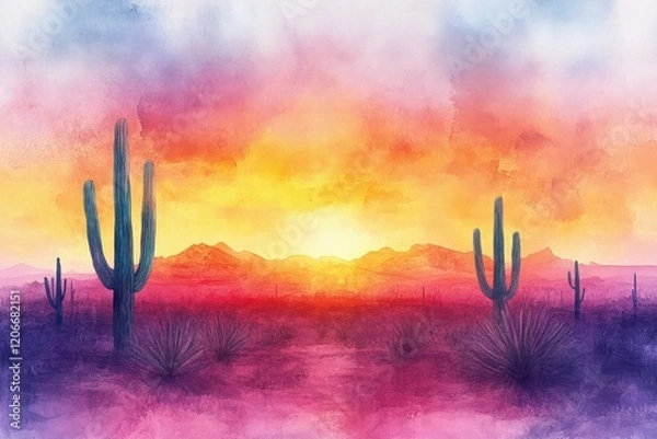 Fototapeta Watercolor sunset over a desert landscape with cacti, the warm colors blending into the soft sky.