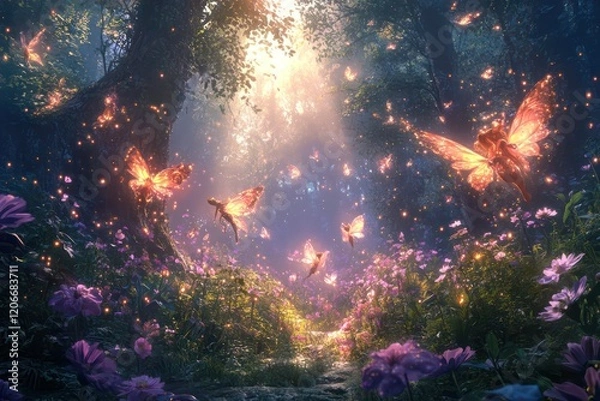 Fototapeta Whimsical fairies with glowing wings, fluttering through a magical forest filled with vibrant flowers and mystical creatures.