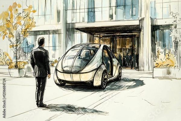 Fototapeta Futuristic Driverless Autonomous Transport - Innovative Smart Mobility Concept - Hand drawn
