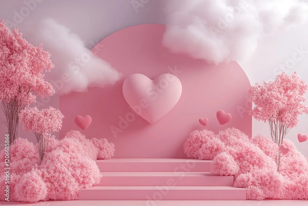 Fototapeta Happy valentines day and stage podium with floating pastel balloon heart shape.