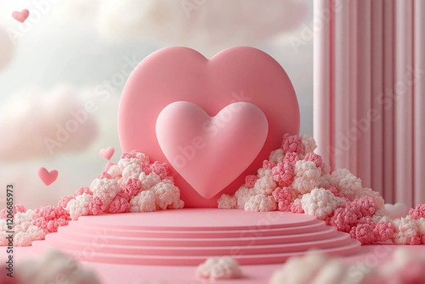 Obraz Happy valentines day and stage podium with floating pastel balloon heart shape.