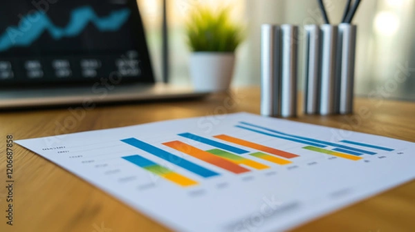 Fototapeta Business analysis report with colorful charts on a wooden desk and laptop in the background