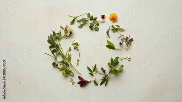 Fototapeta Mindful Circle of Medicinal Herbs Natural Setting Botanical Art Serene Environment Top View Herbal Wellness
