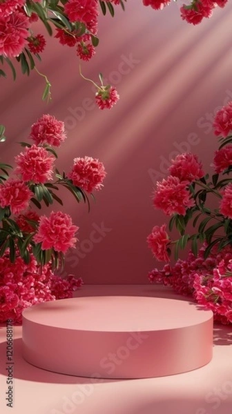 Fototapeta Vibrant Pink Floral Background with Round Display Platform