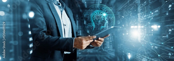Obraz AI, Artificial Intelligence. Machine learning, Chatbot, Businessman using AI technology for data analysis business, coding computer language with digital brain.