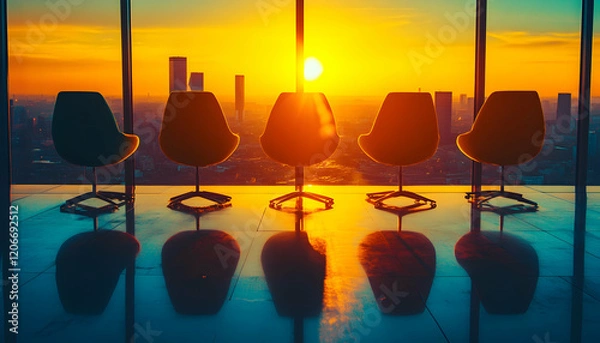 Obraz Modern chairs silhouetted against a vibrant sunset cityscape, reflecting on a polished floor; conveying themes of success, opportunity, and ambition.
