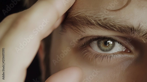 Fototapeta Close-up of a man's eye, hand on forehead, dark background, pensive mood, for websites, ads