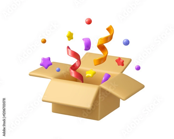 Fototapeta Surprise box with confetti vector 3d icon. Mystery gift concept. Cardboard parcel with festive decoration inside