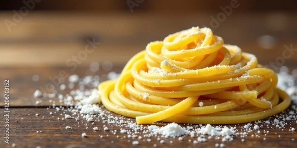 Fototapeta A delicious mound of freshly cooked pasta, delicately dusted with grated cheese, rests on a rustic wooden surface.