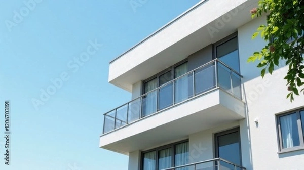 Obraz Modern Architectural Design Featuring a Sleek Balcony with Glass Railings and a Clean White Exterior Wall Against a Bright Sky