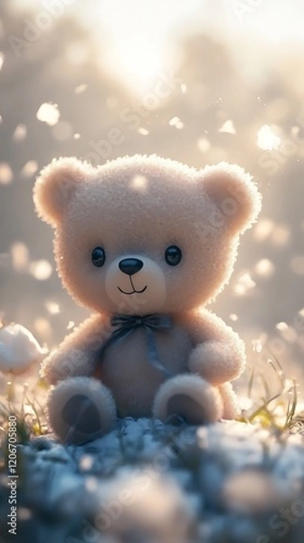 Obraz A cute teddy bear sitting in a serene, softly lit environment.
