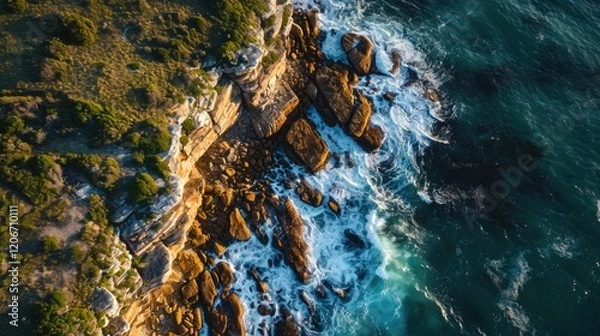 Fototapeta Aerial view of rocky coastline with waves crashing against the shore.