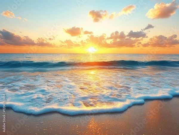 Fototapeta Serene Beach at Sunset with Vibrant Marine Life in Golden Light