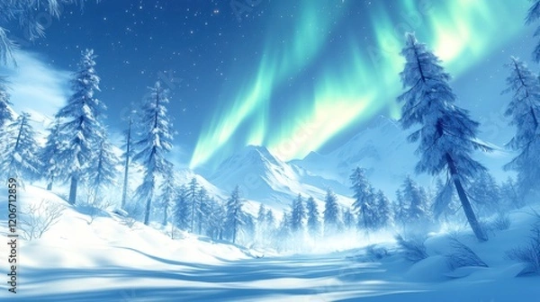 Fototapeta Mystical Aurora Borealis Dance with Starry Sky and Horizon Mist