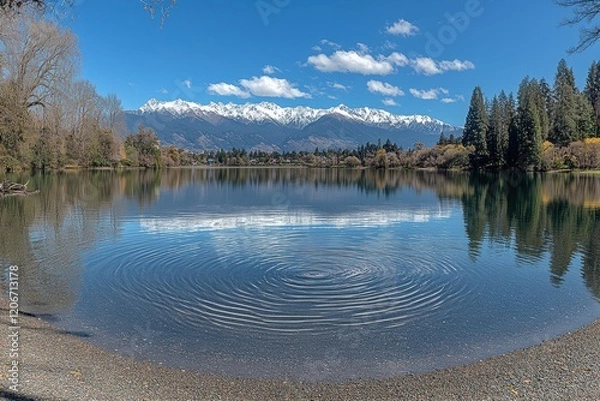 Fototapeta Serene Beach Landscape with Snow-Capped Peaks Reflection in Calm Waters