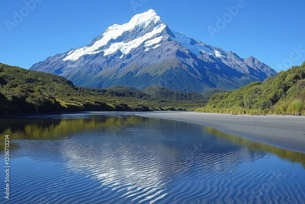 Fototapeta Serene Beach with Snow-Capped Peaks Reflection - Tranquil Scene of Mountain Range at Seaside with Still Water, Nature Background
