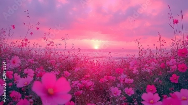 Fototapeta Serene Beach Sunset with Vibrant Pink Sky and Summer Blooms