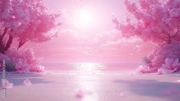 Fototapeta Tranquil Beach Scene with Summer Blooms under Vibrant Pink Dusk Sky