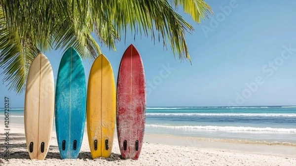 Obraz Colorful surfboards lined up on a pristine beach under a palm tree, with a clear blue sky and serene ocean waves, evoking a tropical paradise and surfing adventure