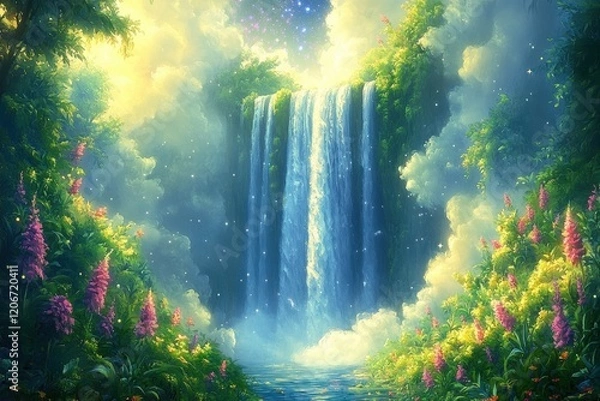 Fototapeta Tranquil Serenity - Pristine Waterfall Flowing into Clear Pool under Summer Starlit Sky