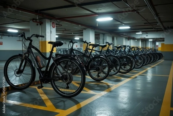Fototapeta Black Electric Bikes Parked In Underground Garage