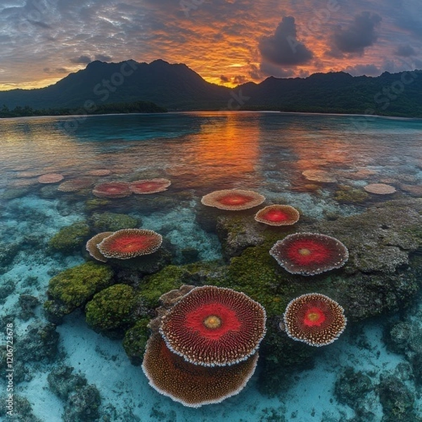 Fototapeta Serene Coral Reef Oasis: Vibrant Underwater Scene with Mossy Rocks and Lush Greenery under Pastel Sunset Sky