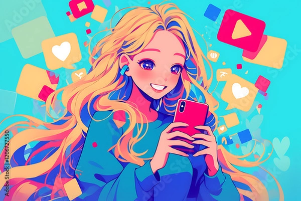 Fototapeta Young woman with long hair smiling while using a smartphone, surrounded by colorful social media icons