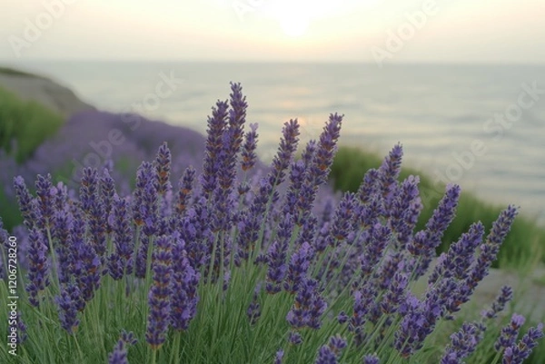Fototapeta Tranquil Lavender Field at Sunrise - Scenic Landscape of Lavender Flowers in the Morning Light