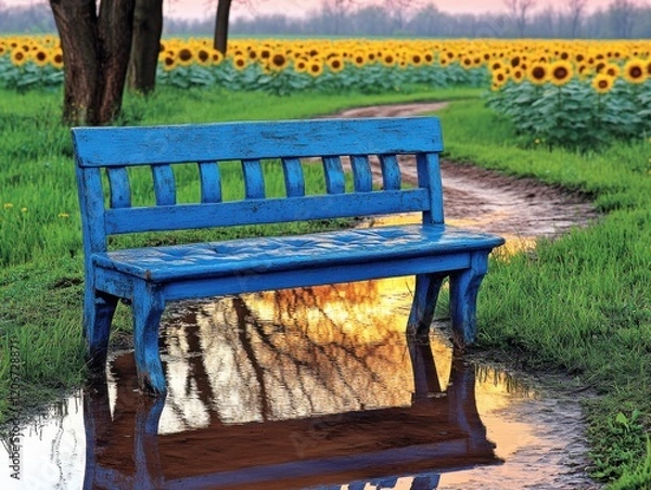 Fototapeta Tranquil Winding Path in Sunflower Field at Sunset with Pink Sky Reflection