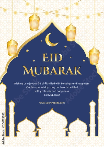 Fototapeta Eid Mubarak greetings with mosque, golden lanterns and moon on white background. Vector illustration eid al-fitr for greeting card, poster and banner.