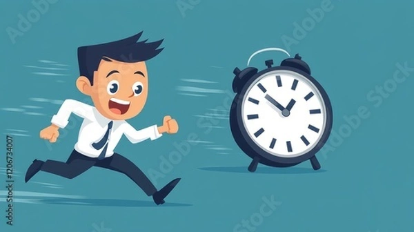 Fototapeta An animated man runs swiftly towards a clock, depicting urgency and time management.