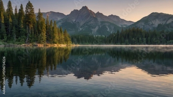 Fototapeta Majestic mountain range reflecting in calm lake with trees during sunrise or sunset